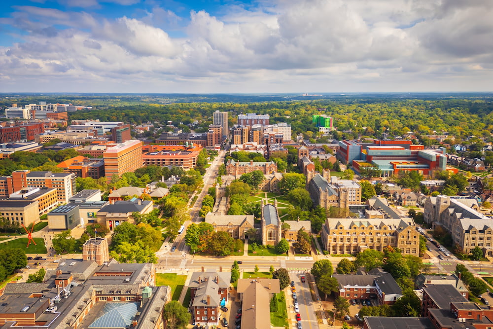 Ann Arbor, Michigan, USA college town skyline in the afternoon.