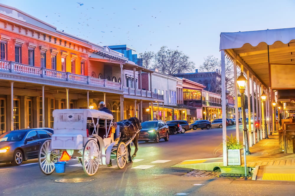 Historic old town of Sacramento, cityscape of California in  USA at twilight