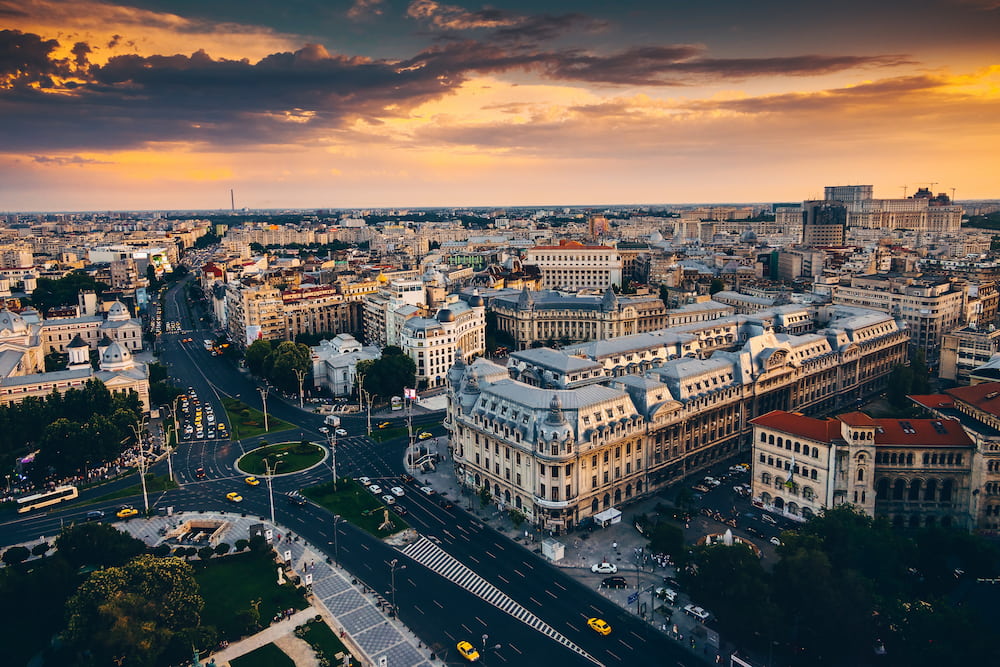 View of Bucharest from above during the summer sunrise