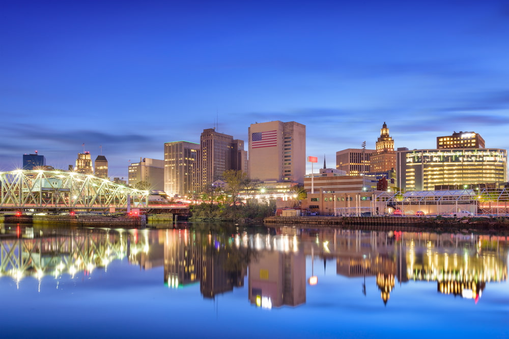 The beautiful skyline on the Passaic river of nearby city, Newark, NJ