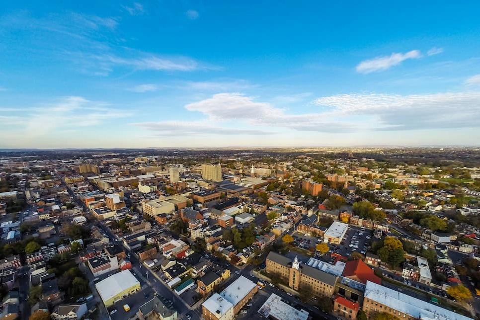 Aerial view of small city of Lancaster Pennsylvania