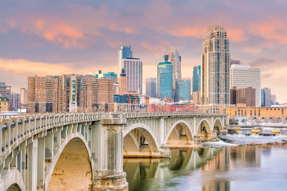Minneapolis downtown skyline at sunset