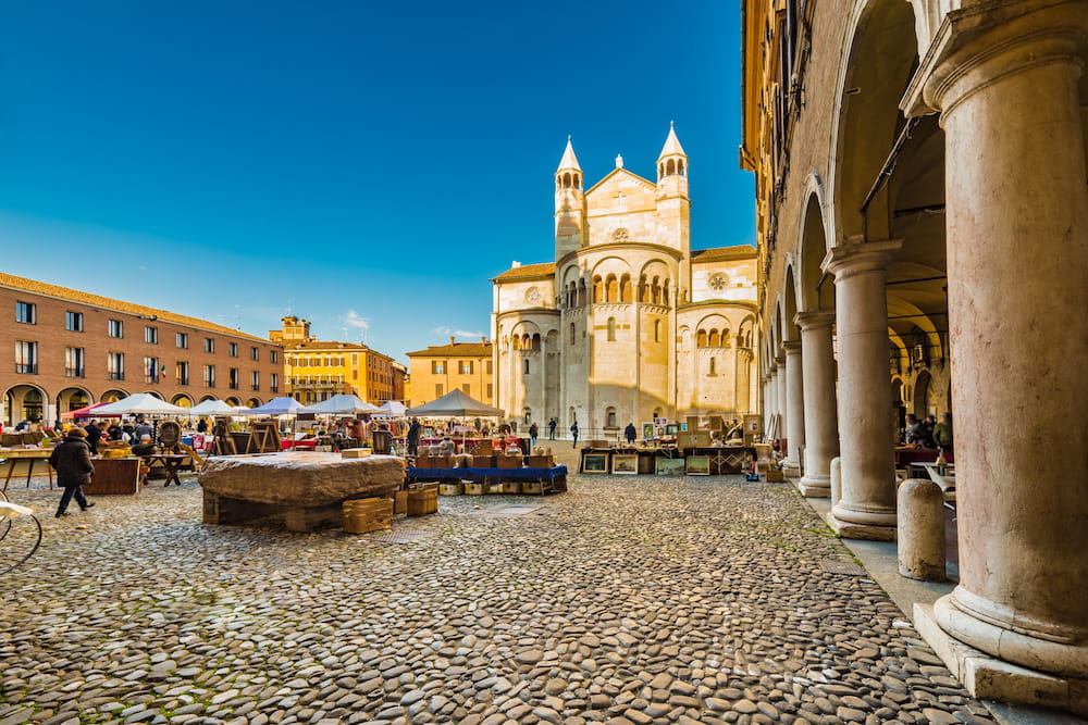 Antiques market stalls in the main square of Modena in Italy