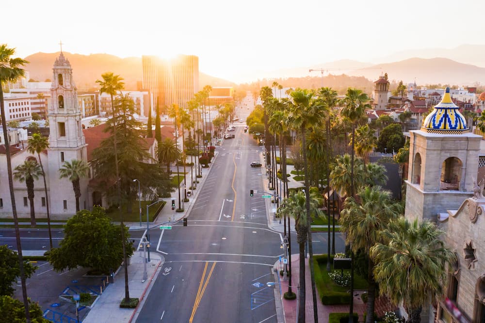 Sunset aerial view of Historic Downtown Riverside