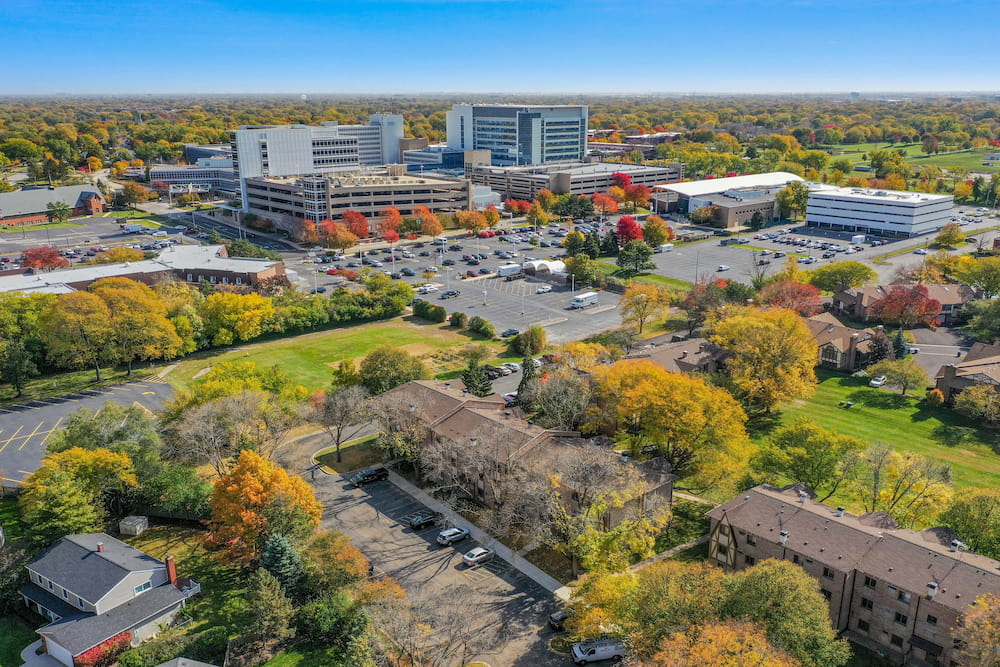 Arlington Heights, Illinois, United States of America - October 20th 2022: Arlington Heights Illinois Northwest Community Healthcare Hospital Drone