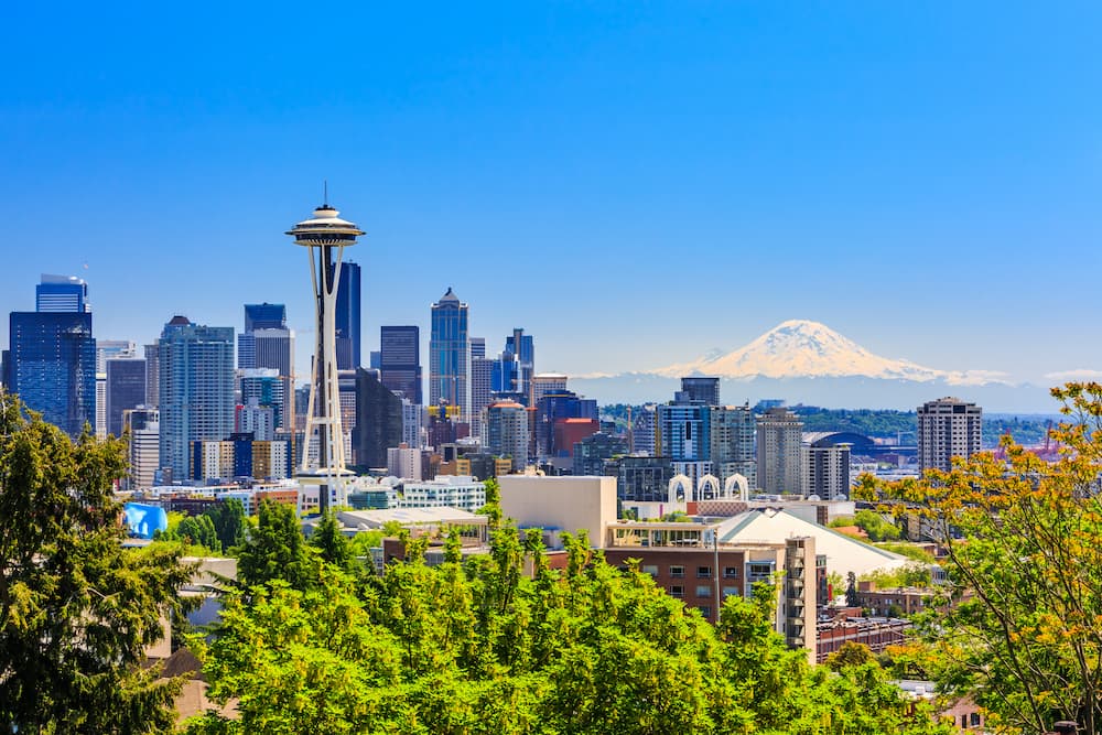 Seattle downtown skyline and Mt. Rainier, Washington.