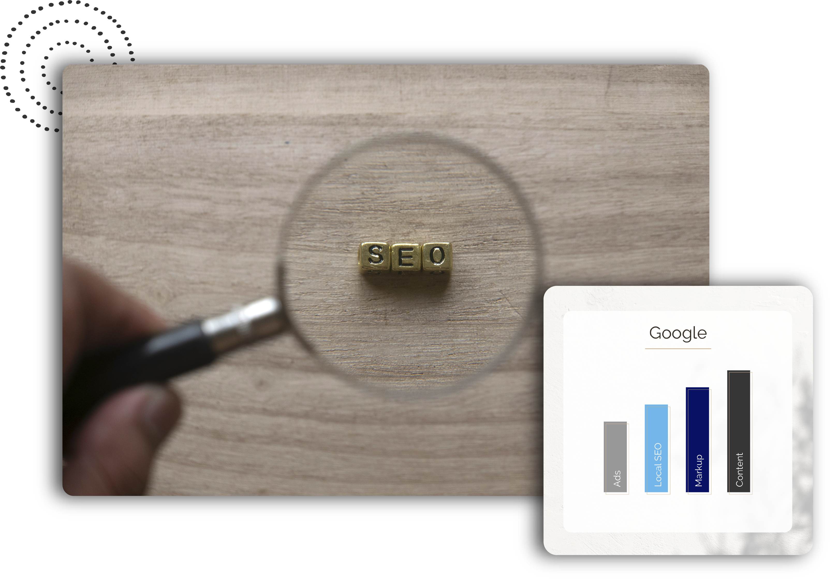 Magnifying flass over the word SEO spelled out in dice with an SEO graph