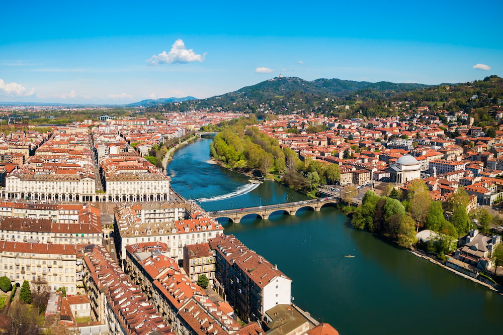 The panoramic aerial view of the Po river in the city center of Turin, Piedmont region, Italy