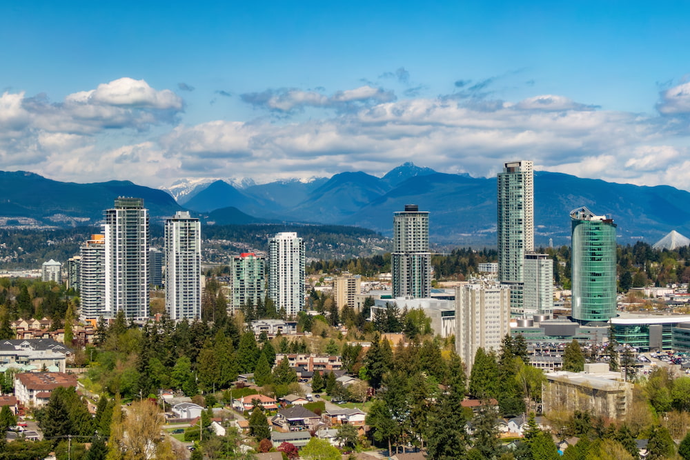Buildings in Surrey Central, Greater Vancouver, BC, Canada. Sunny Day.