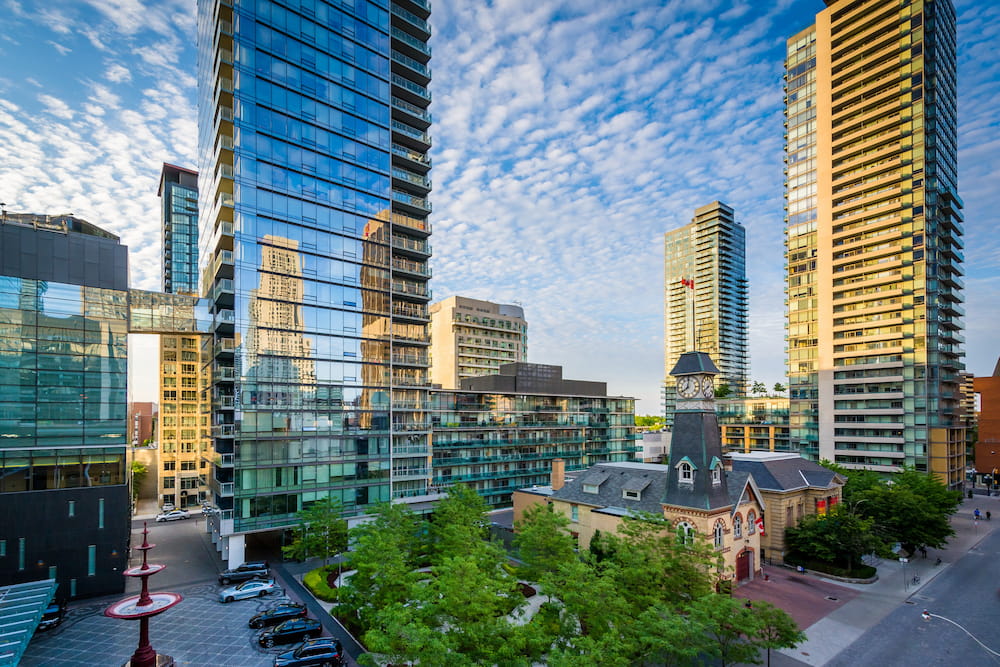 Modern buildings along Yorkville Avenue in Midtown Toronto, Ontario.